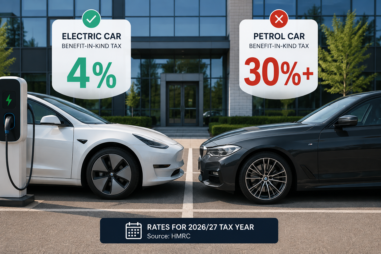 Electric car and petrol car parked side by side with UK company car tax percentage badges highlighting the tax difference.
