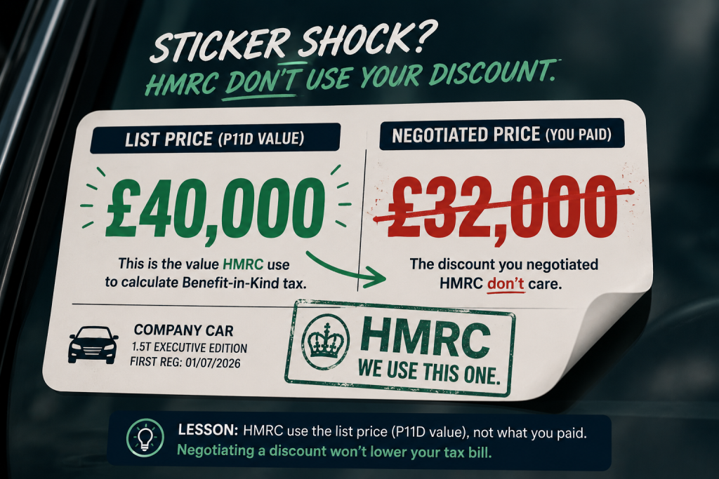 Illustration explaining that HMRC uses a car's P11D list price, not the negotiated purchase price, to calculate company car tax.