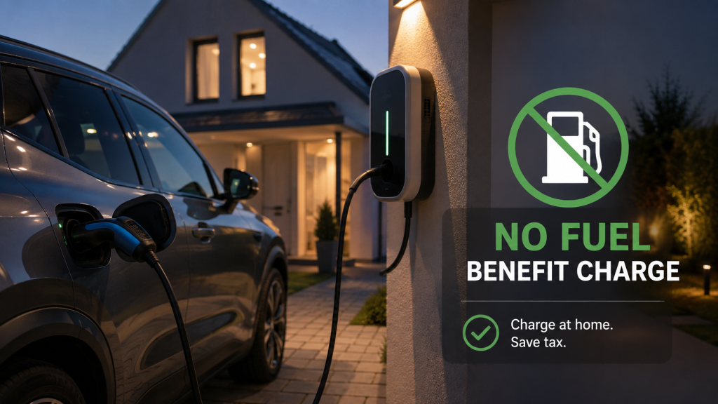 Electric car charging at home with icon showing no fuel benefit tax charge applies to employer-paid electricity.
