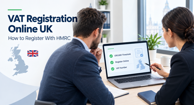 Business owner reviewing VAT registration online in the UK with £90,000 turnover threshold checklist.