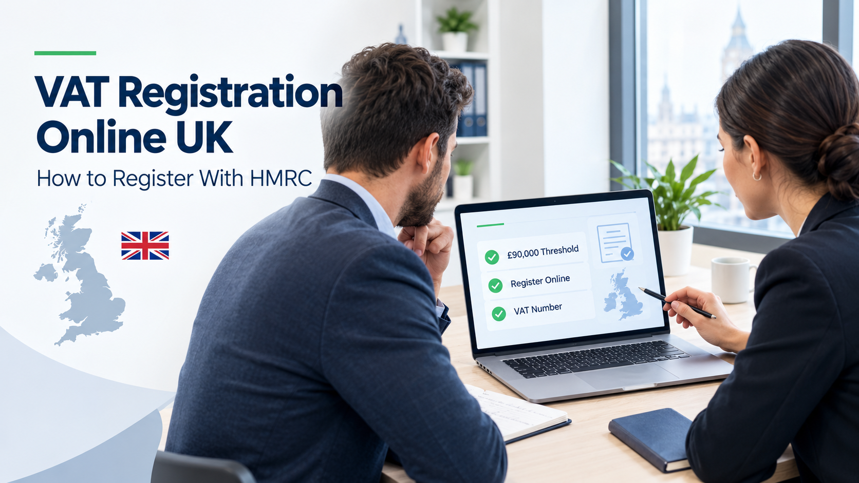 Business owner reviewing VAT registration online in the UK with £90,000 turnover threshold checklist.