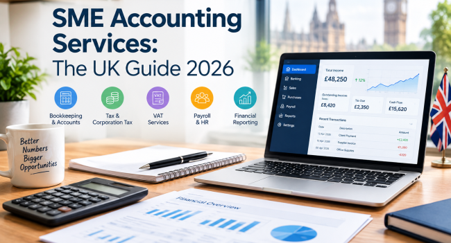 SME accounting services in the UK showing bookkeeping, tax, VAT, payroll and financial reporting for small businesses in 2026.