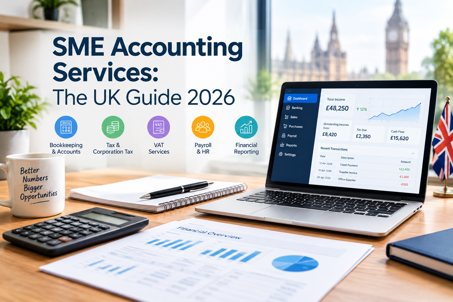 SME accounting services in the UK showing bookkeeping, tax, VAT, payroll and financial reporting for small businesses in 2026.