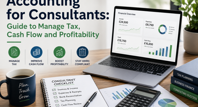 Accounting for consultants guide showing tax management, cash flow, profitability, HMRC compliance, and a financial dashboard.