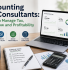 Accounting for consultants guide showing tax management, cash flow, profitability, HMRC compliance, and a financial dashboard.