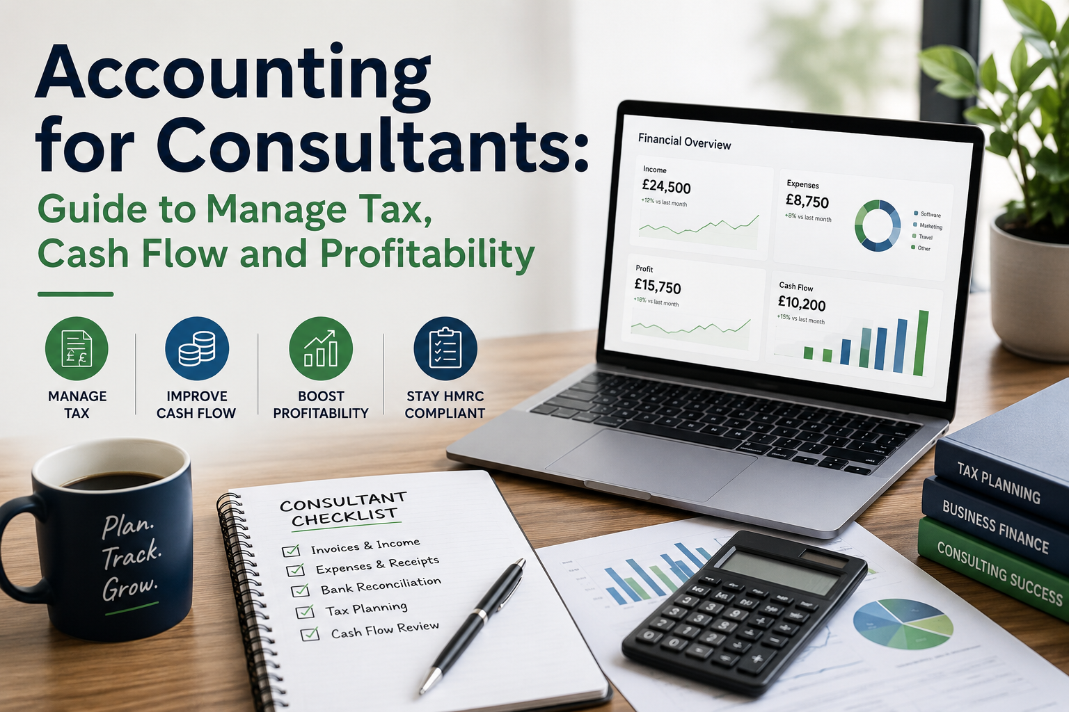 Accounting for consultants guide showing tax management, cash flow, profitability, HMRC compliance, and a financial dashboard.