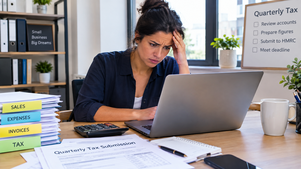Stressed small business owner looking at a laptop while preparing a quarterly tax submission.