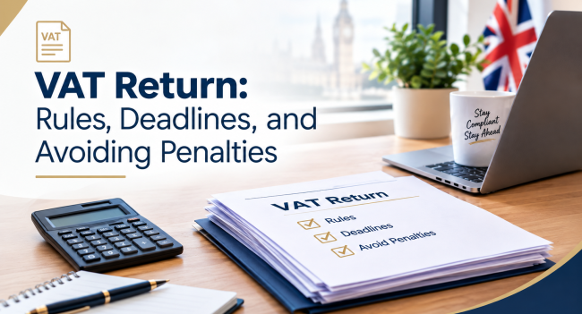 VAT return rules, deadlines and penalties guide with VAT paperwork, calculator and laptop on an office desk.