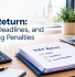 VAT return rules, deadlines and penalties guide with VAT paperwork, calculator and laptop on an office desk.