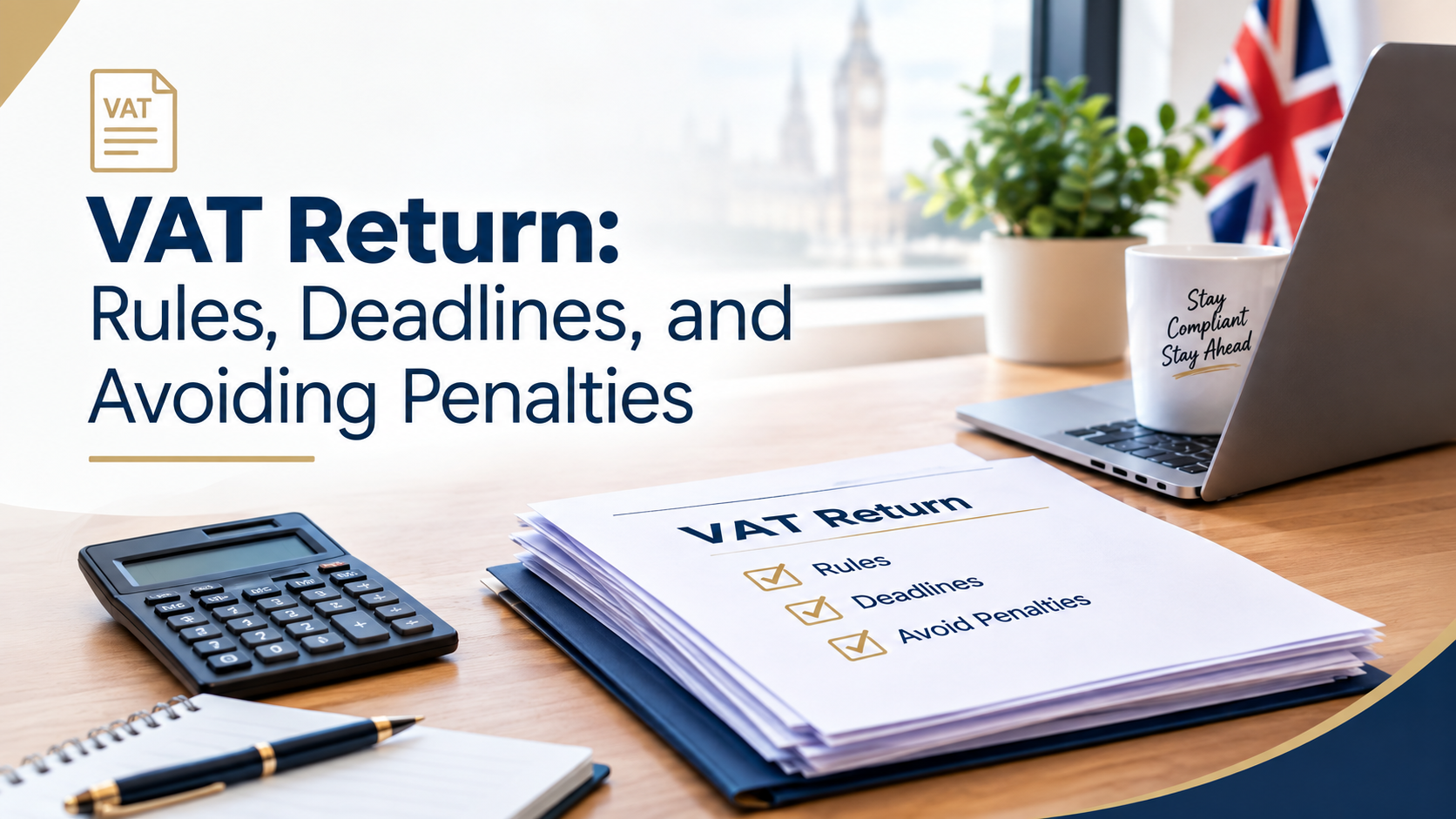 VAT return rules, deadlines and penalties guide with VAT paperwork, calculator and laptop on an office desk.