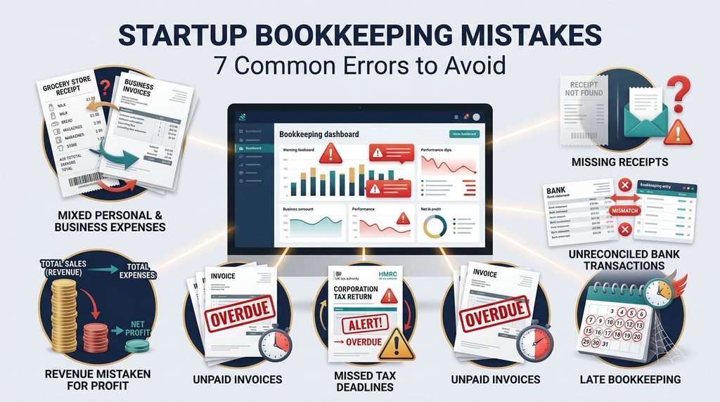 Common startup bookkeeping mistakes including missed receipts, unreconciled transactions and overdue invoices