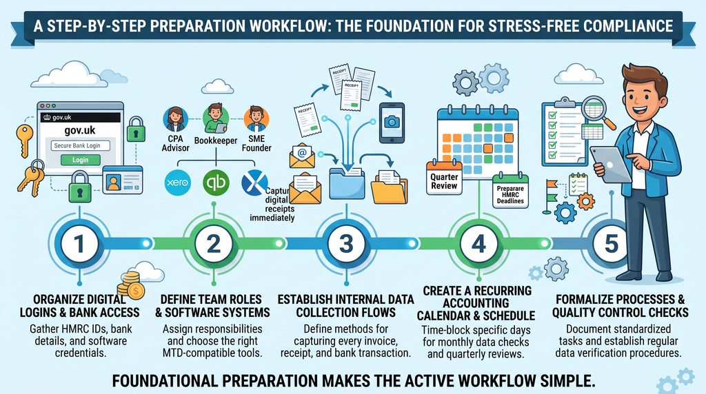 A step-by-step bookkeeping workflow infographic helping small business owners prepare their digital records for a stress-free VAT return.