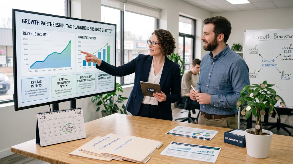 A small business owner and an accountant from ASK Accountants collaborate on tax planning and growth strategy in a modern office. The accountant points to a large monitor displaying detailed dashboards for revenue growth, market expansion, R&D tax credits, capital allowances review, and other SME accounting services. Props include cash-flow forecasts and a 2026 calendar.