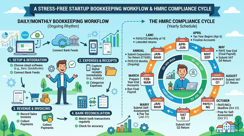 A clear infographic illustrating a stress-free startup bookkeeping workflow and HMRC compliance cycle.