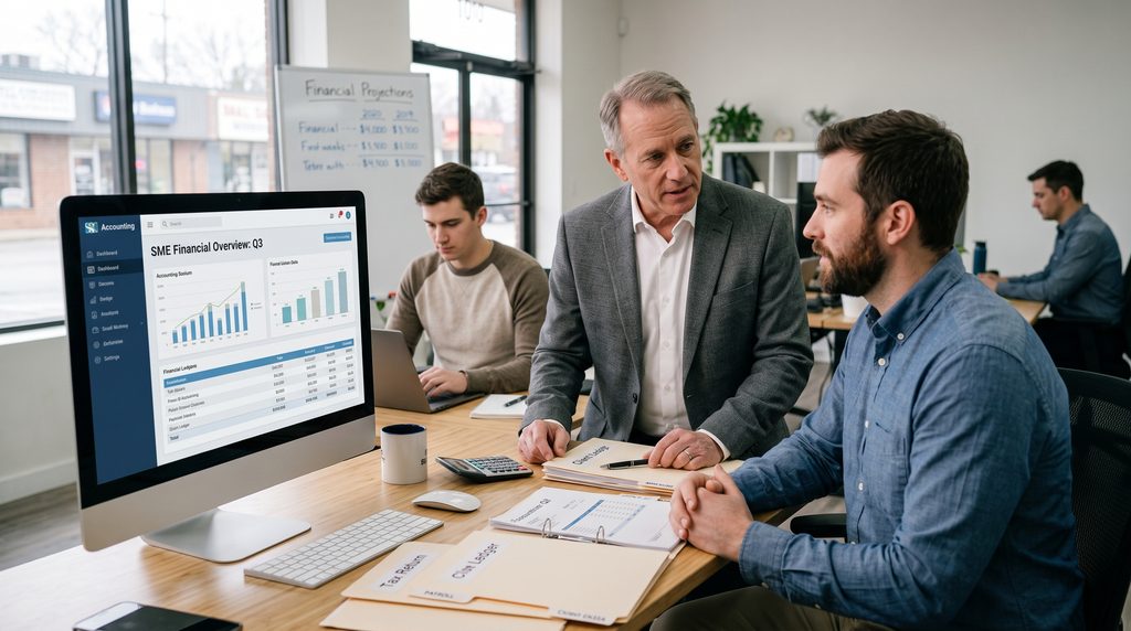 A small business accounting team of men analyzing financial data on a large desktop monitor and physical files in a bright, modern UK office.