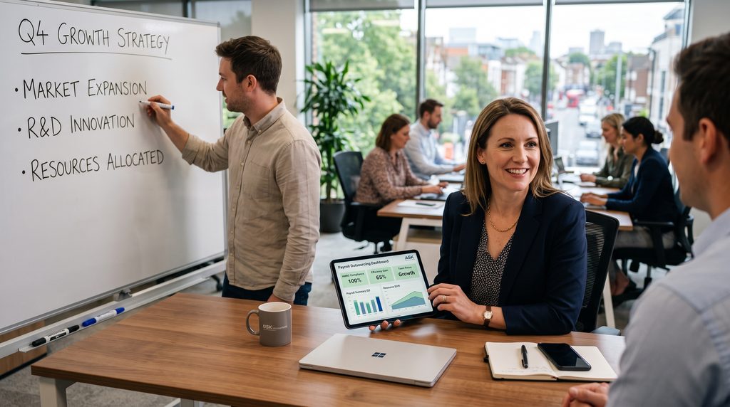 UK business managers discussing Q4 growth strategy on a whiteboard while reviewing a payroll outsourcing dashboard on a tablet.