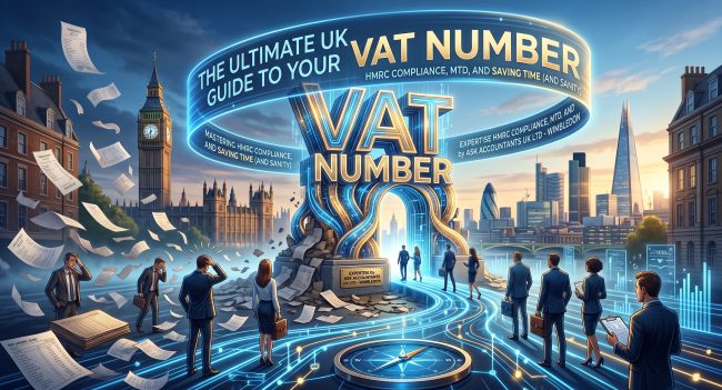 A creative illustration of London business owners leaving behind chaotic paperwork to walk through a glowing VAT Number portal, representing streamlined HMRC compliance and Making Tax Digital guidance by ASK Accountants UK Ltd in Wimbledon.