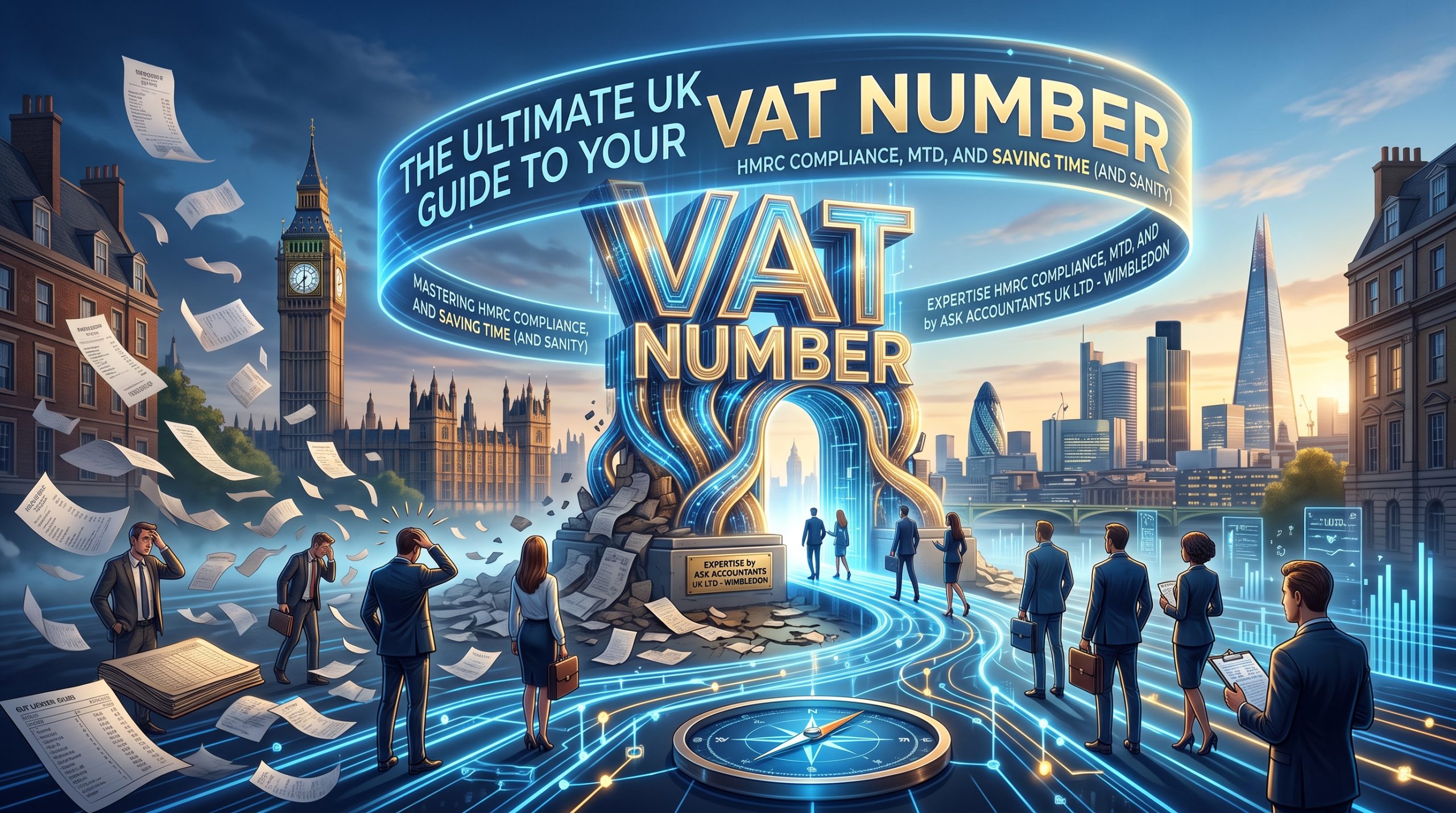A creative illustration of London business owners leaving behind chaotic paperwork to walk through a glowing VAT Number portal, representing streamlined HMRC compliance and Making Tax Digital guidance by ASK Accountants UK Ltd in Wimbledon.