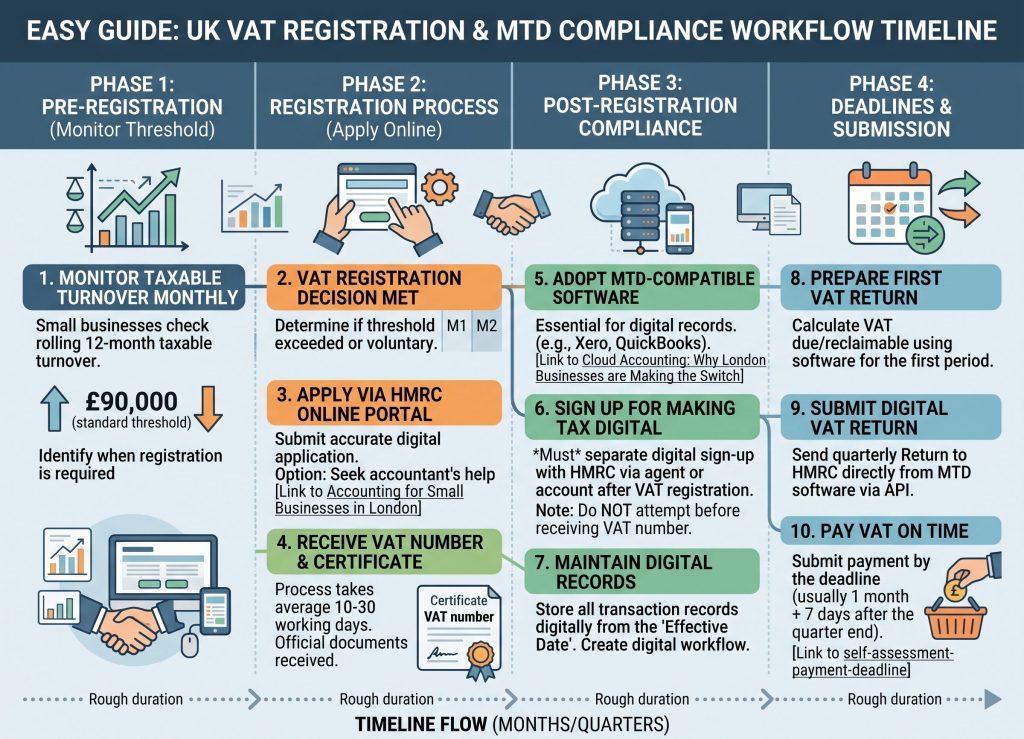 A clear workflow chart showing the VAT registration process timeline and Making Tax Digital compliance steps for UK SMEs.