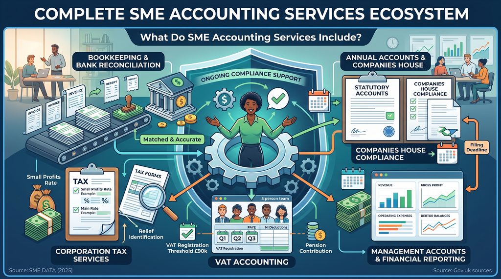 A comprehensive infographic describing the full ecosystem of SME accounting services, covering bookkeeping and bank reconciliation, annual statutory accounts and Companies House filing, corporation tax returns, VAT compliance, payroll and PAYE services, and management reporting.