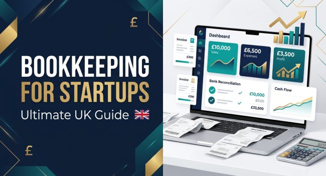 Bookkeeping for startups guide showing UK accounting dashboard, cash flow, expenses and profit
