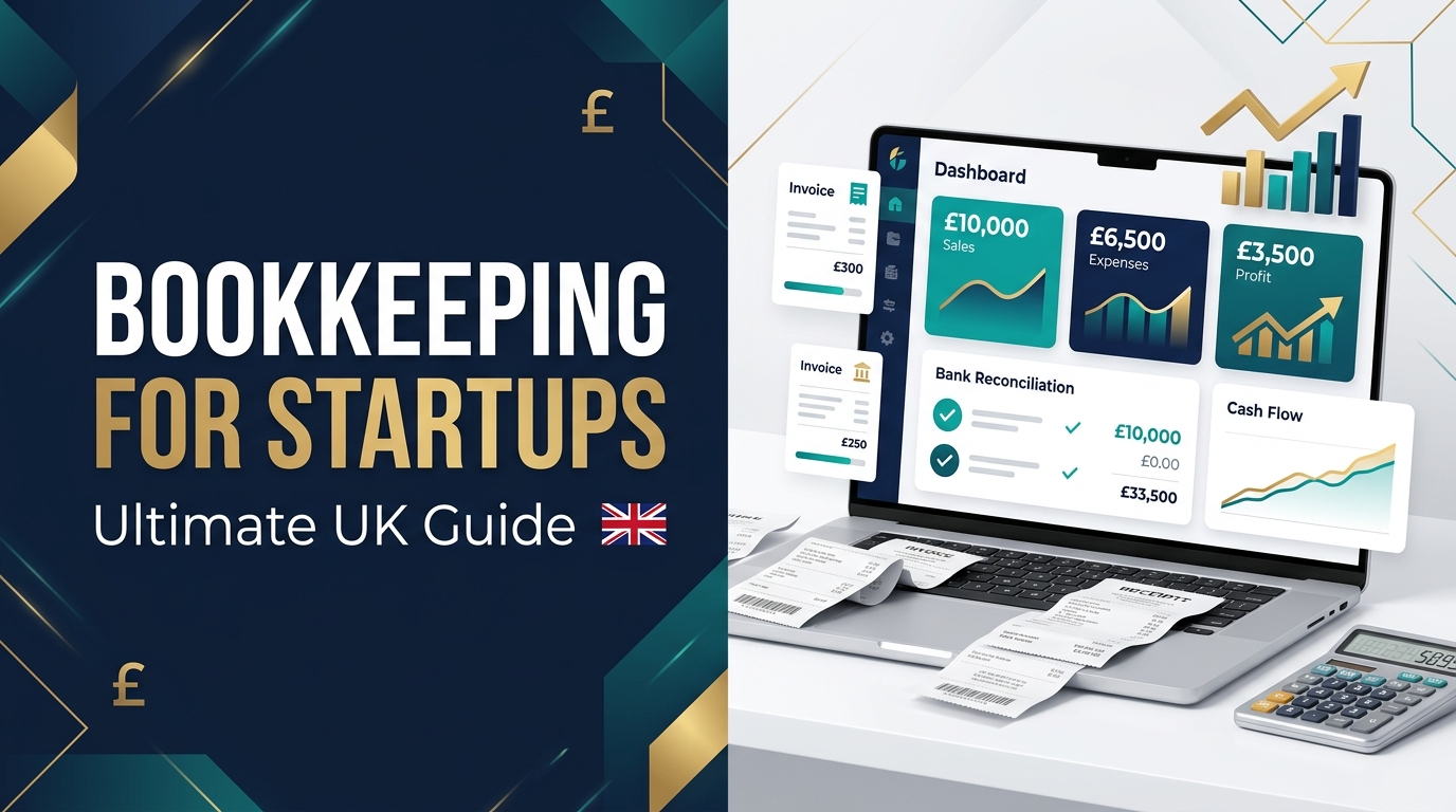 Bookkeeping for startups guide showing UK accounting dashboard, cash flow, expenses and profit