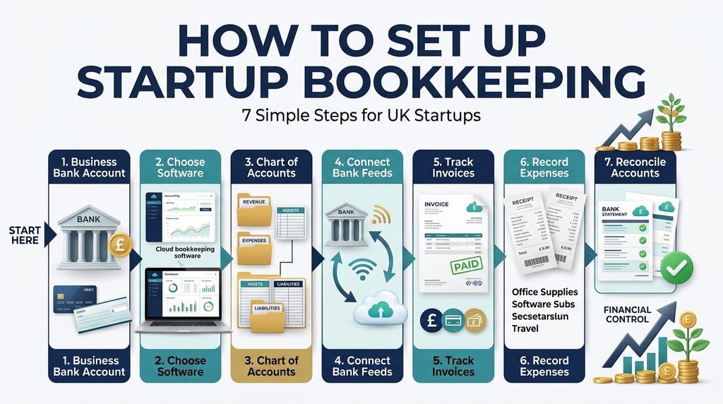 How to set up bookkeeping for a startup with steps for bank accounts, accounting software, expenses and reconciliation