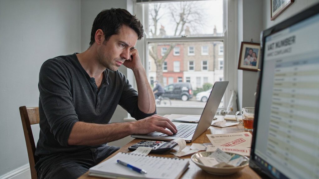 A stressed small business owner in London reviewing a laptop screen with the words VAT number and HMRC compliance displayed.