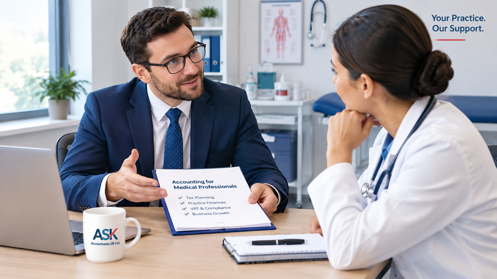 An accountant discussing Accounting for medical professionals with a doctor in a clinic setting