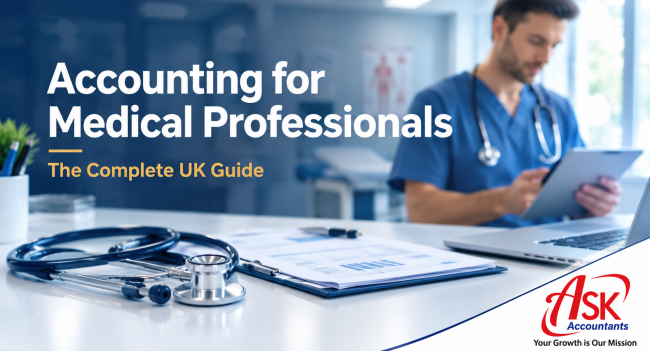 Accounting for medical professionals UK guide featuring a doctor reviewing a tablet in a modern clinic, with a stethoscope, financial documents, and ASK Accountants UK Ltd branding.