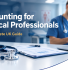 Accounting for medical professionals UK guide featuring a doctor reviewing a tablet in a modern clinic, with a stethoscope, financial documents, and ASK Accountants UK Ltd branding.