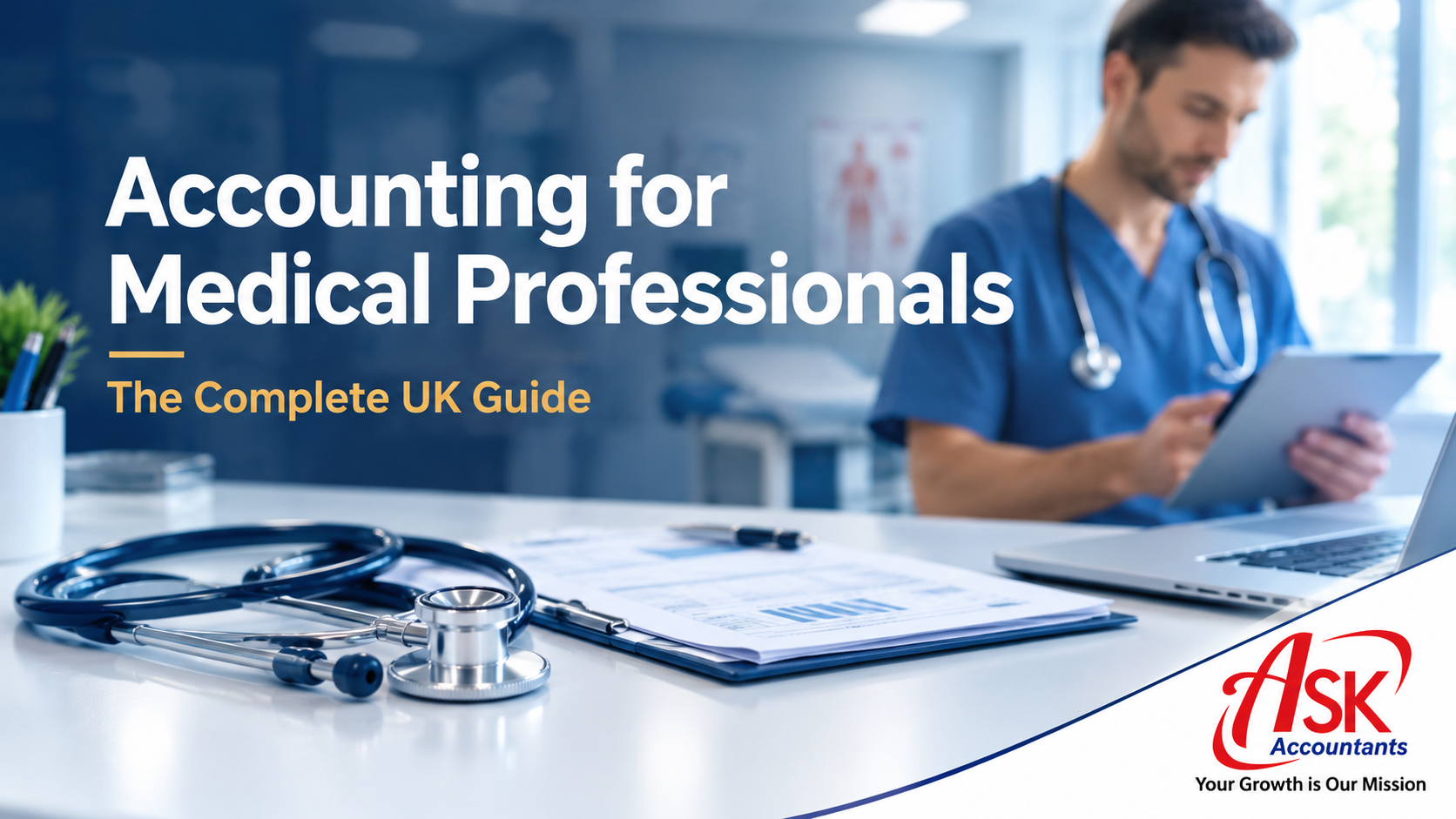 Accounting for medical professionals UK guide featuring a doctor reviewing a tablet in a modern clinic, with a stethoscope, financial documents, and ASK Accountants UK Ltd branding.