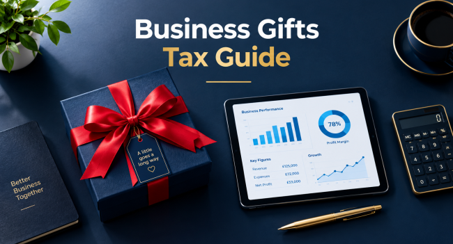 Business gifts tax guide featuring a corporate gift box with red ribbon, accounting charts on a tablet, calculator and gold pen on a professional navy blue desk.