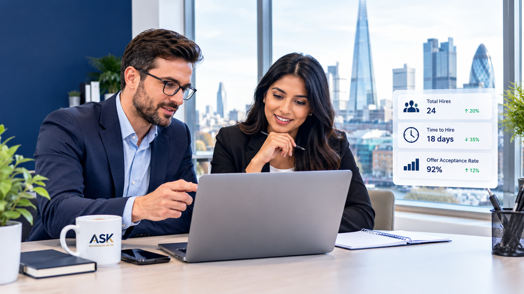 Two professionals discussing accounting for recruitment agencies in a modern office.