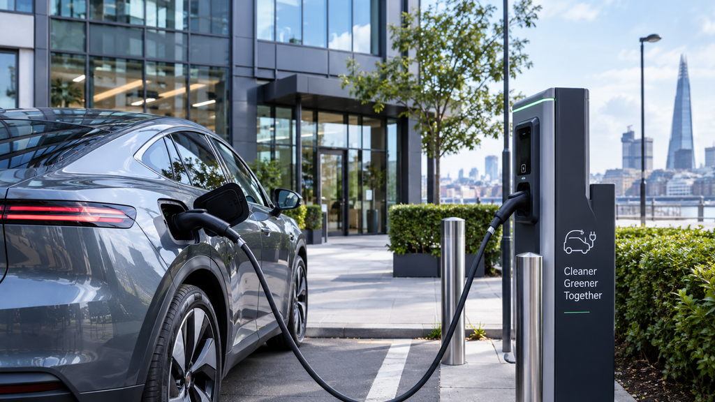 A UK business owner reviewing Company Car Tax savings next to an electric vehicle.