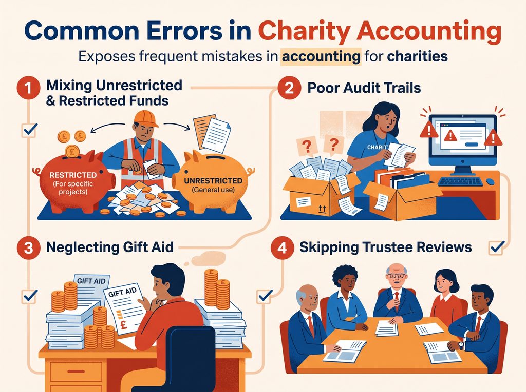 Infographic highlighting four common errors in accounting for charities: mixing restricted and unrestricted funds, poor audit trails, neglecting Gift Aid claims, and skipping trustee reviews.