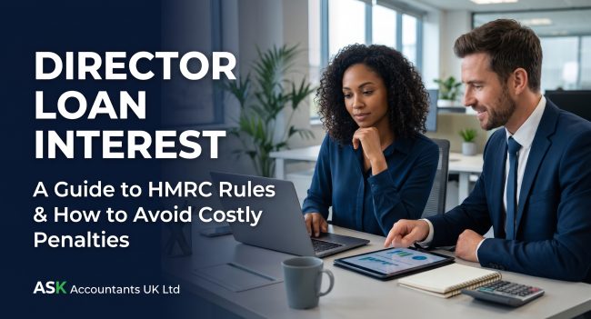 An accountant at ASK Accountants UK Ltd in Wimbledon helping a business owner calculate director loan interest to avoid HMRC overdrawn directors loan account penalties, featuring guide overlay text.