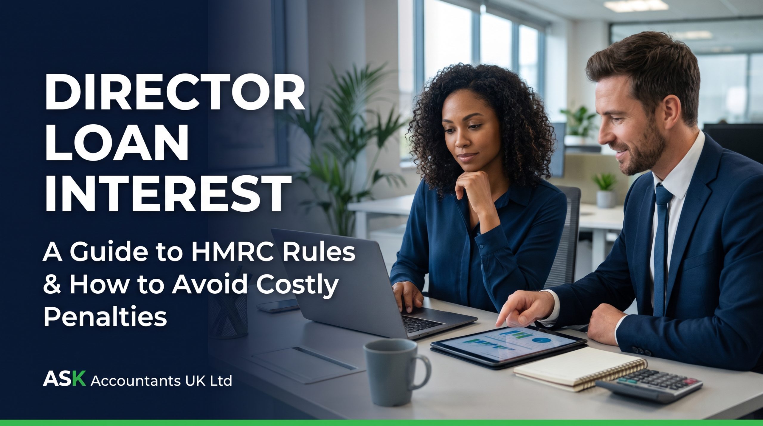 An accountant at ASK Accountants UK Ltd in Wimbledon helping a business owner calculate director loan interest to avoid HMRC overdrawn directors loan account penalties, featuring guide overlay text.