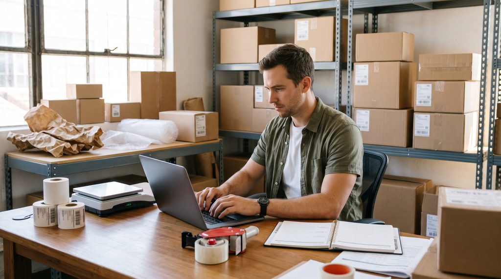 Focused e-commerce entrepreneur working on a laptop surrounded by shipping boxes, managing inventory and accounting for online sellers.