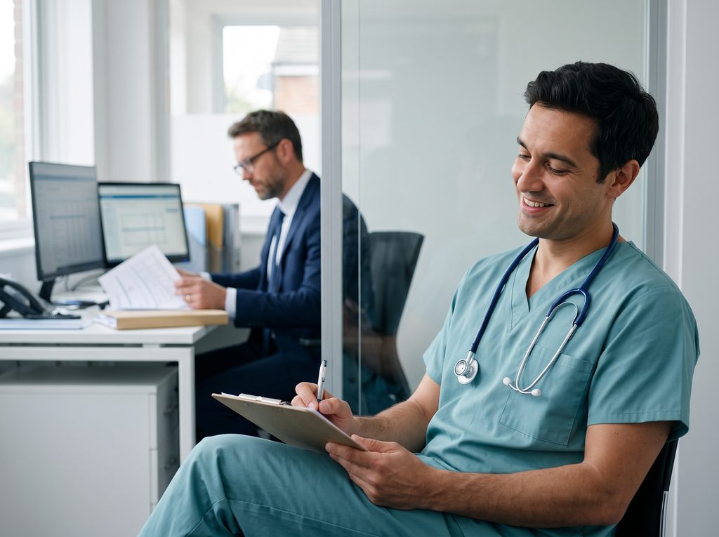 Male doctor in teal scrubs reviewing medical practice documents while an accountant works at a computer in a modern clinic office, representing accounting services for medical professionals.