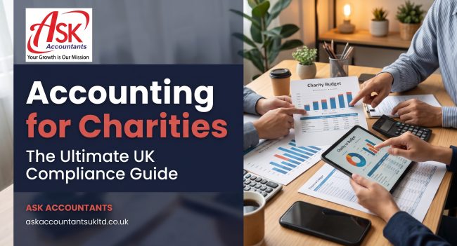Featured image for Accounting for charities guide, showing a tablet with financial charts on a desk.