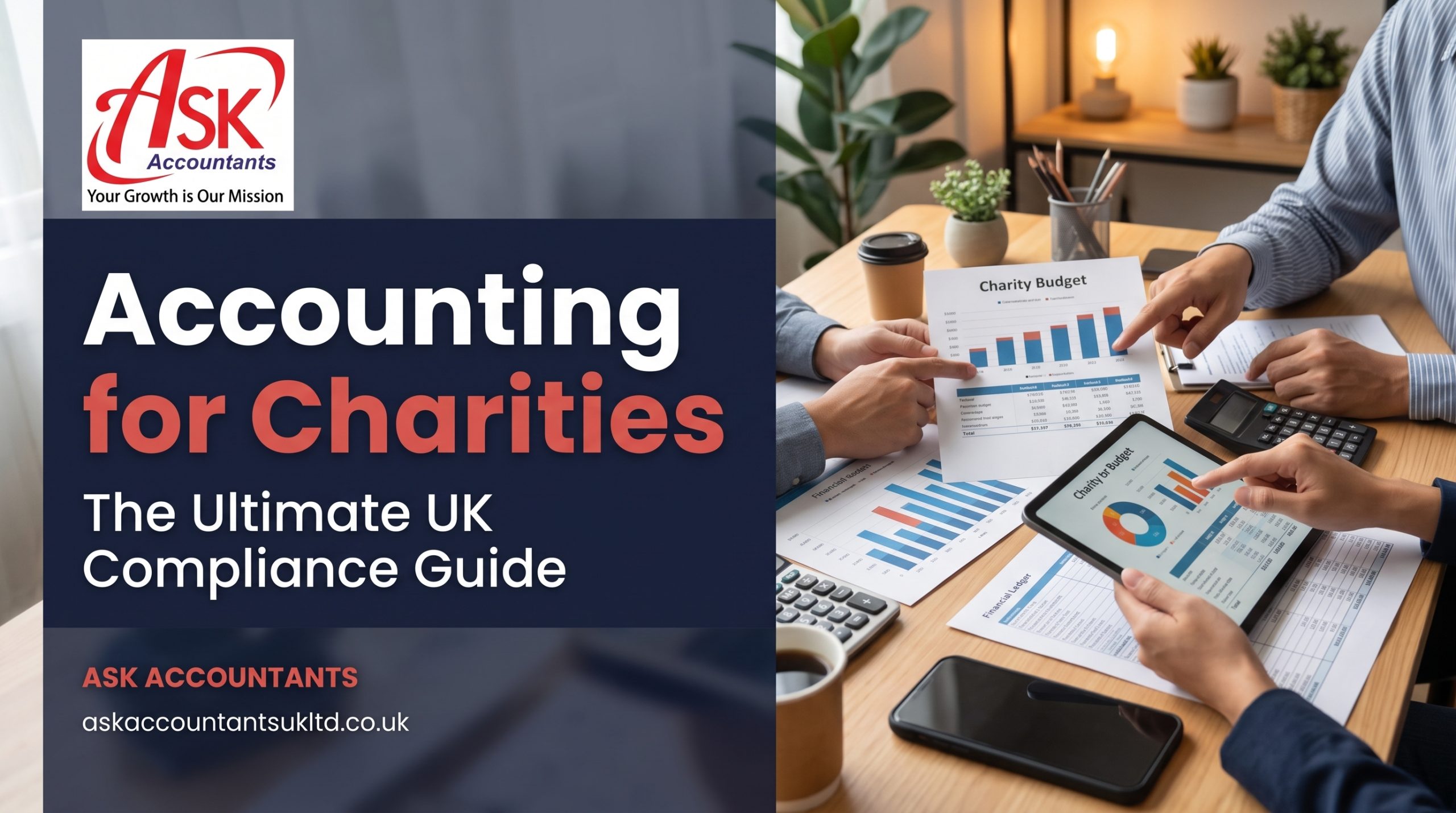Featured image for Accounting for charities guide, showing a tablet with financial charts on a desk.