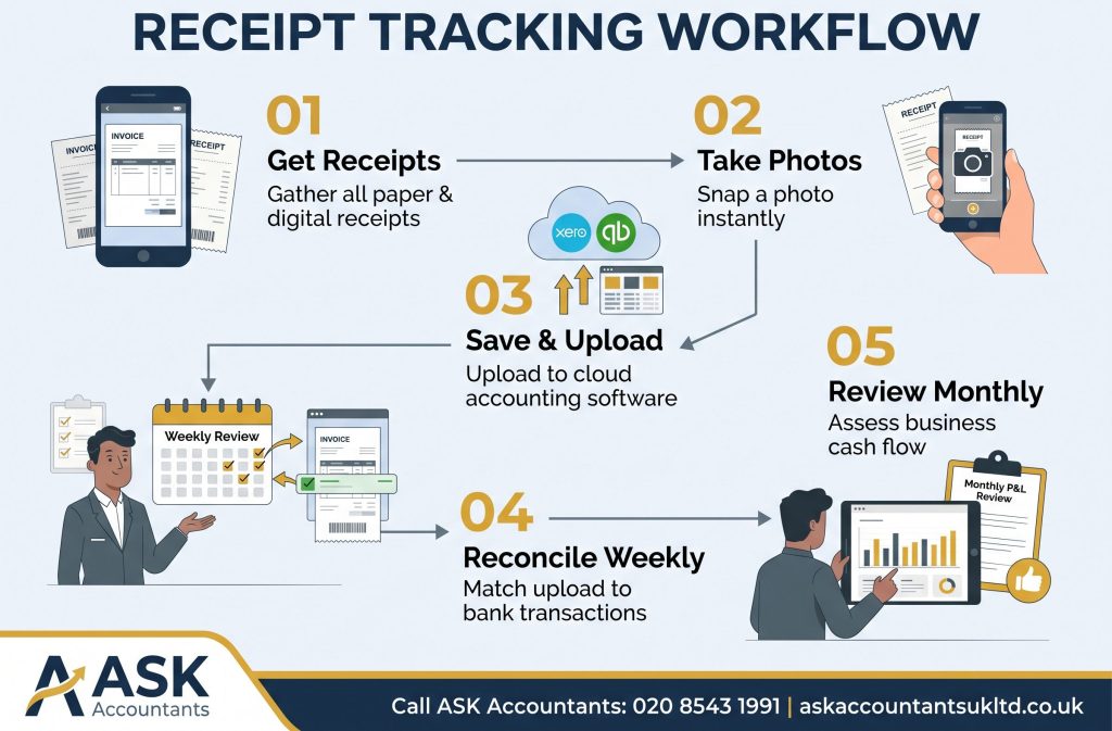 Infographic detailing a compliance workflow for tracking Tax Deductible Expenses UK.