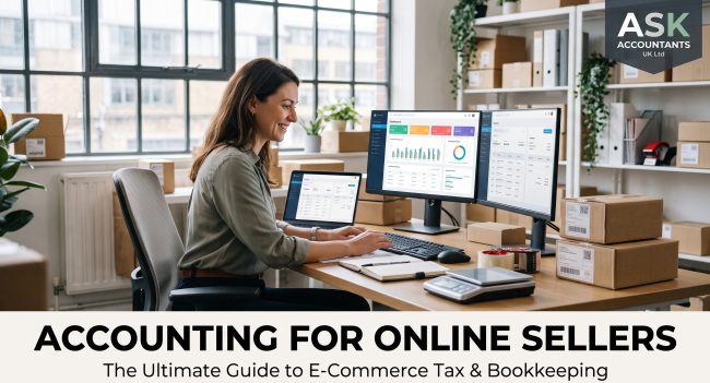 Featured image for the ultimate guide to e-commerce tax showing a woman at a desk managing accounting for online sellers.