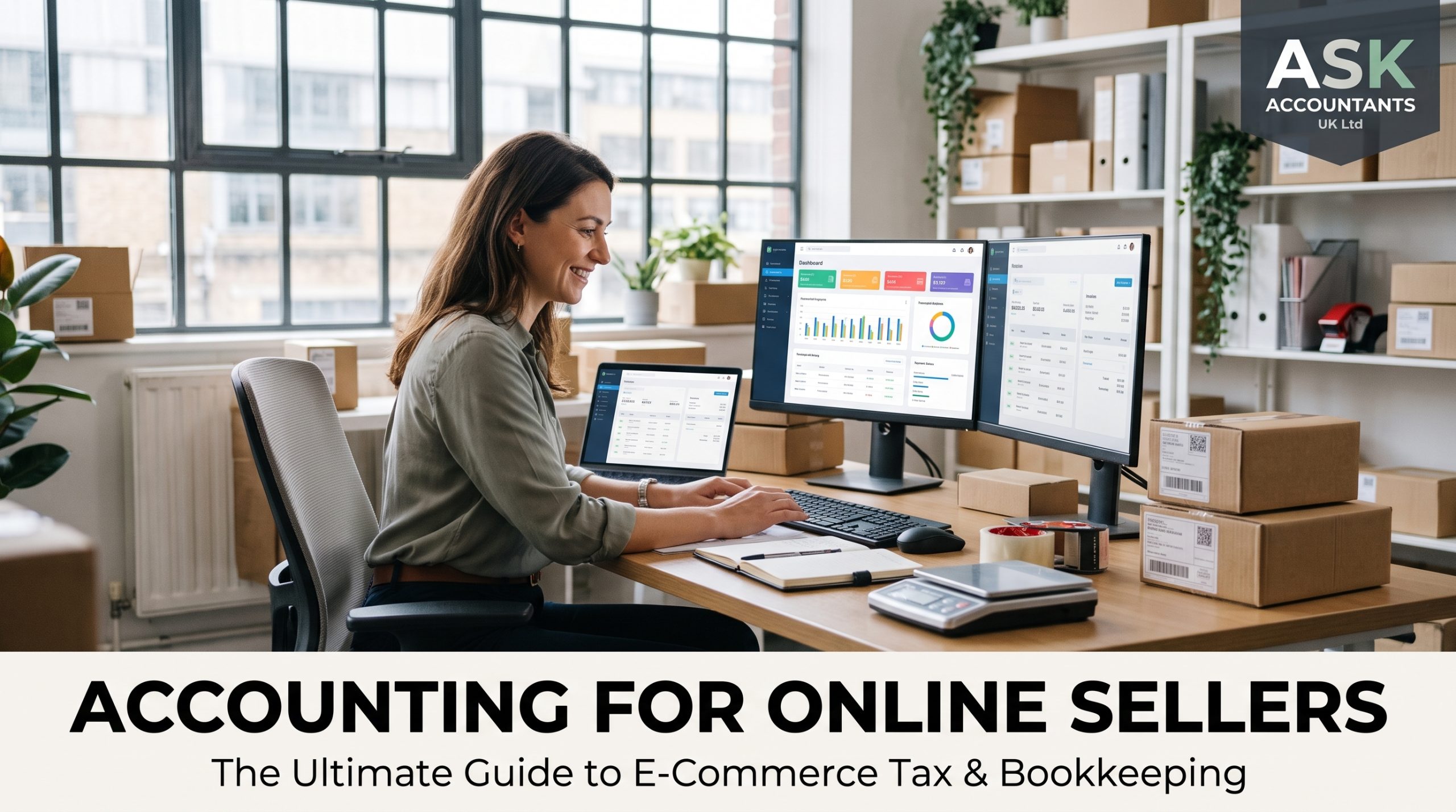 Featured image for the ultimate guide to e-commerce tax showing a woman at a desk managing accounting for online sellers.