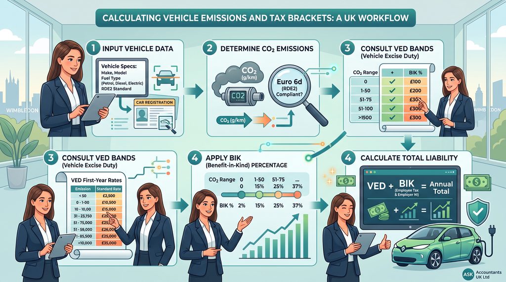 Infographic detailing HMRC company car rules and tax calculations.