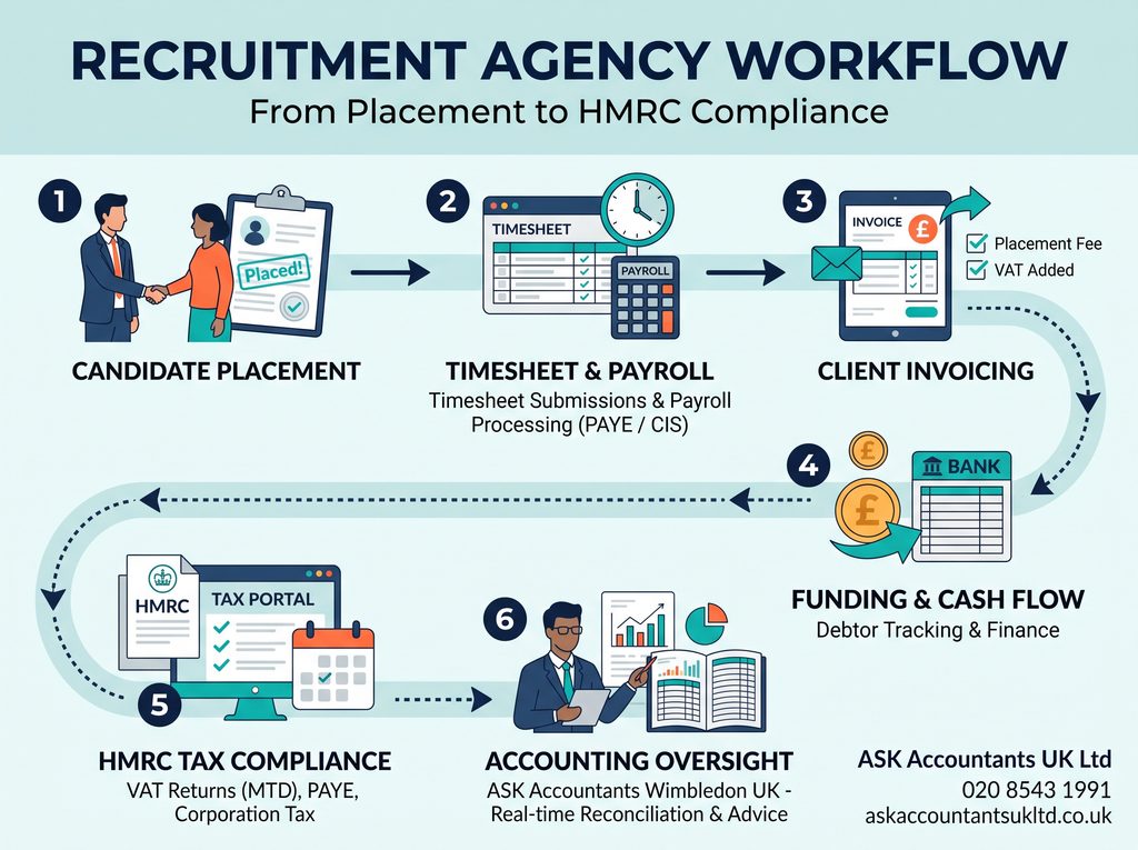 A step-by-step compliance and workflow infographic illustrating accounting for recruitment agencies.