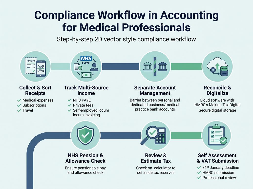 Step-by-step compliance workflow in accounting for medical professionals