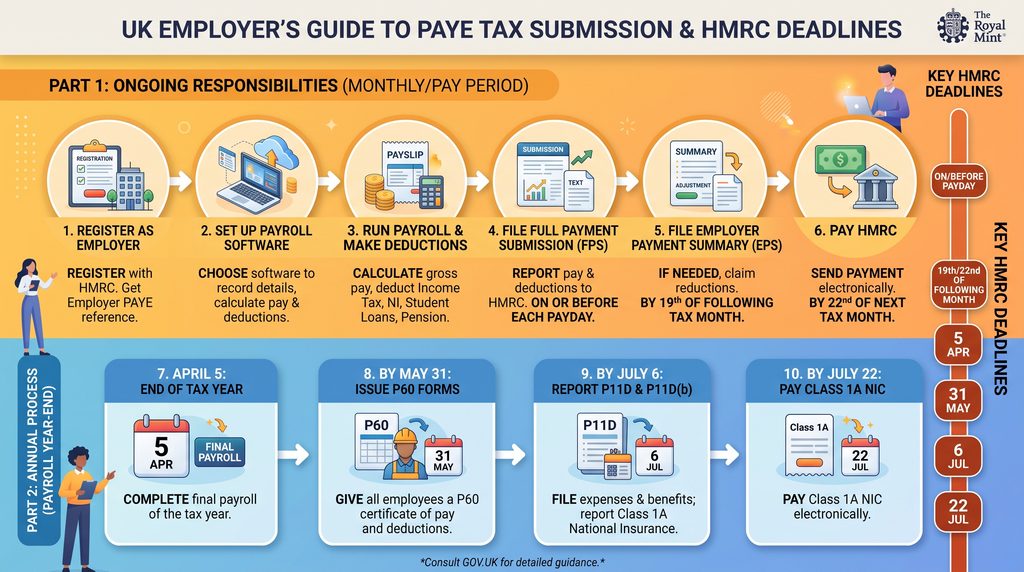 Step-by-step infographic showing the PAYE Tax submission process and HMRC deadlines for UK employers.