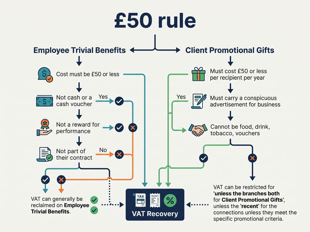 Flowchart infographic explaining UK business gifts tax thresholds for employees, clients, and VAT recovery.